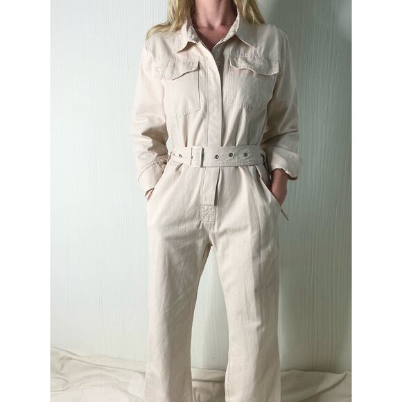 FARROW Ecru Cream Long Sleeve Twill Belted Long Sleeve Cotton Jumpsuit US SMALL - Picture 3 of 16